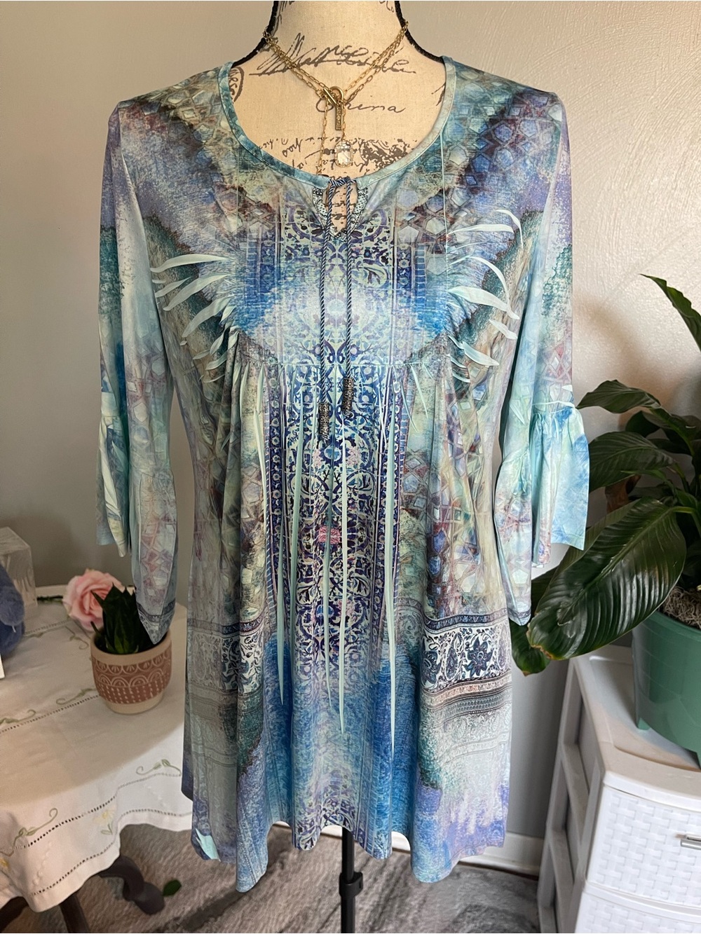 One World Blue Boho Tunic Top Small Bell Sleeve Artsy Y2K